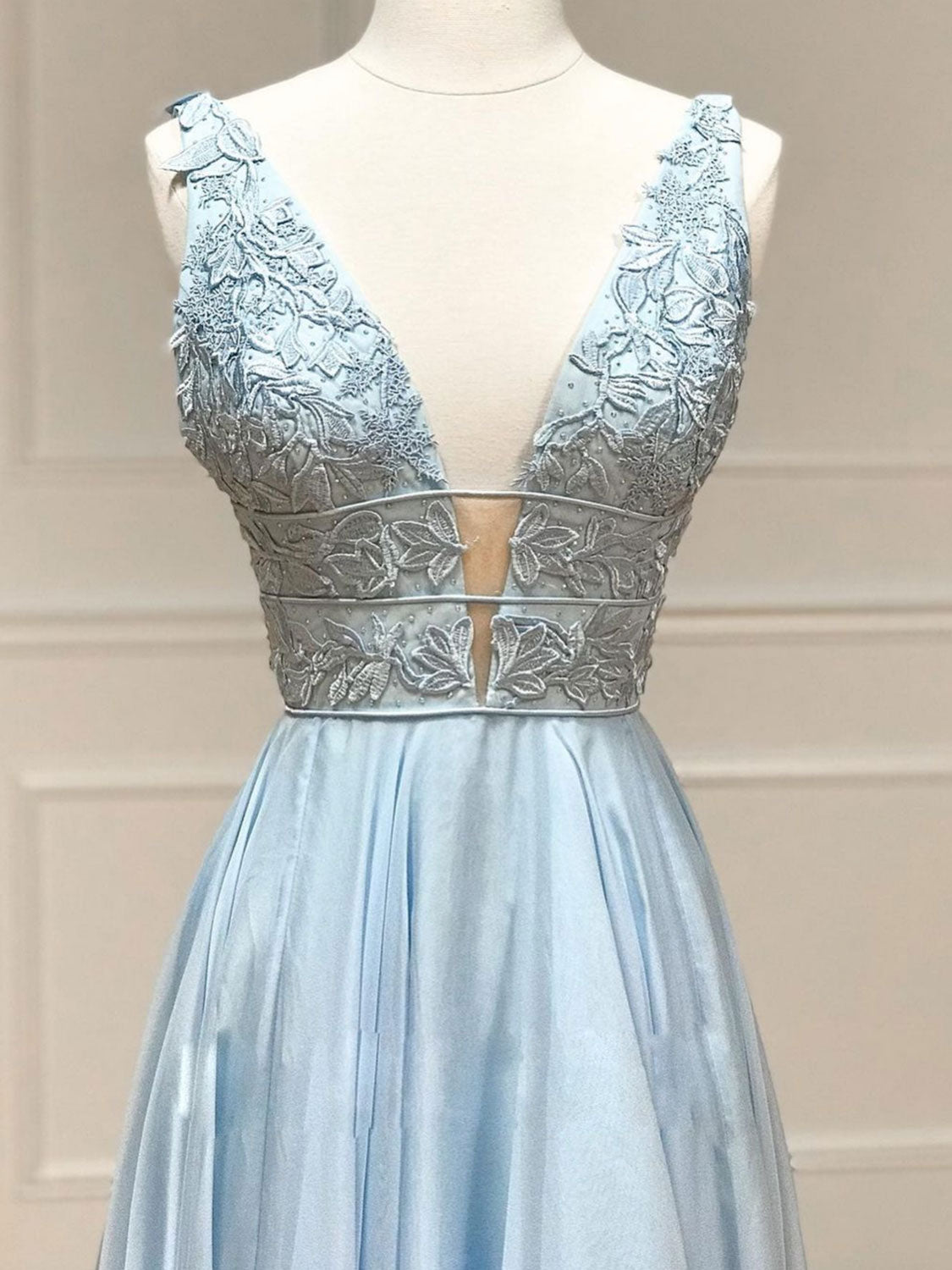 Blue v neck chiffon lace long prom dress, blue evening dress