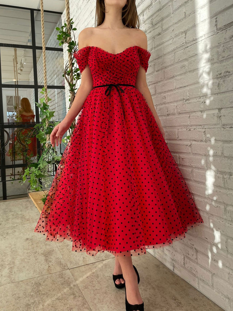 A line Off Shoulder Tulle Burgundy Prom Dresses, Tea Length Burgundy Homecoming Dresses