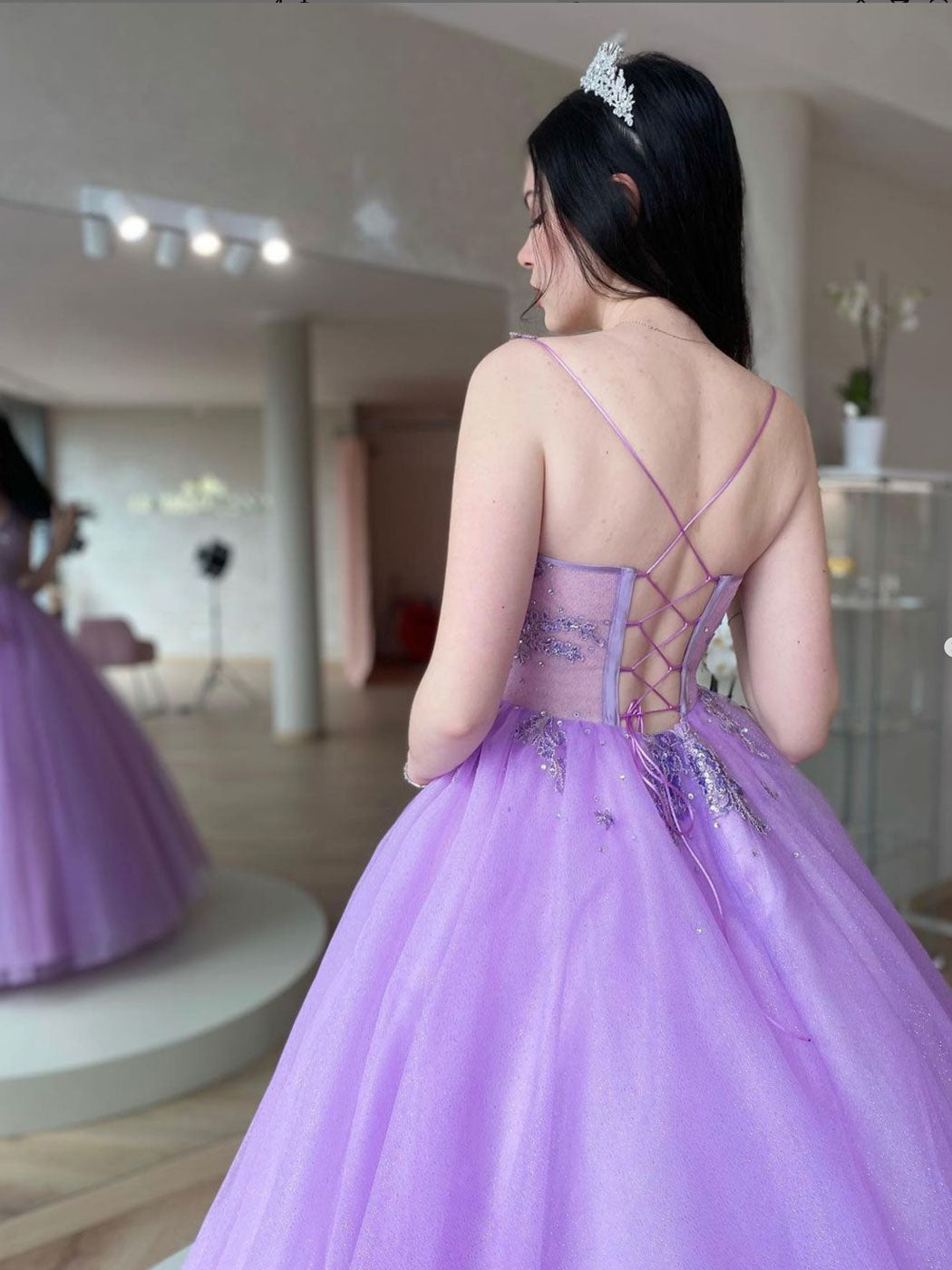 Purple v neck tulle lace long prom dress purple tulle formal dress