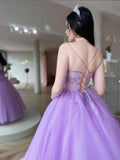 Purple v neck tulle lace long prom dress purple tulle formal dress