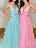 Pink v neck tulle long prom dress, pink tulle formal dress