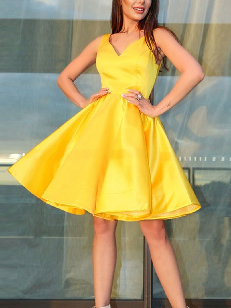 Simple v neck yellow short prom dress, yellow homecoming dress