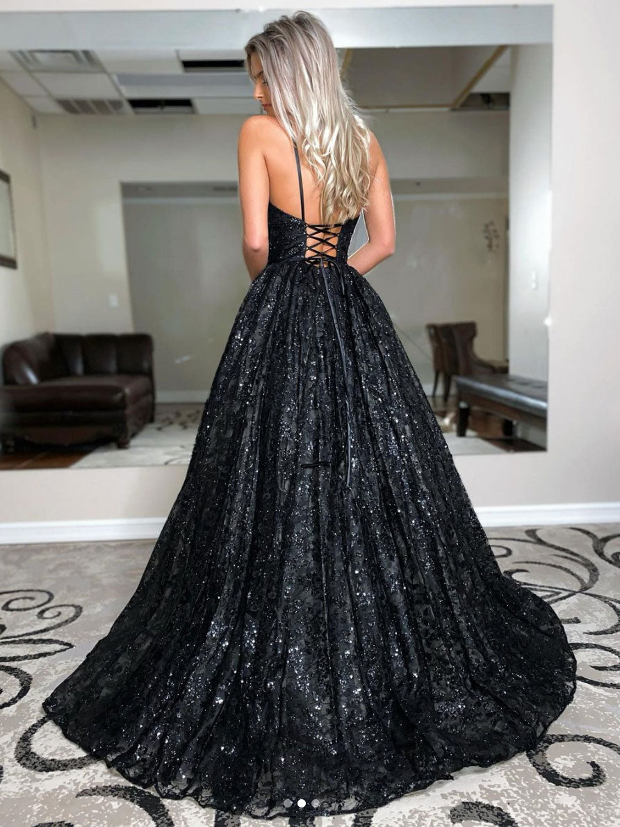 Black tulle sequin long prom dress, black evening dress – dresstby