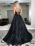 Black tulle sequin long prom dress, black evening dress
