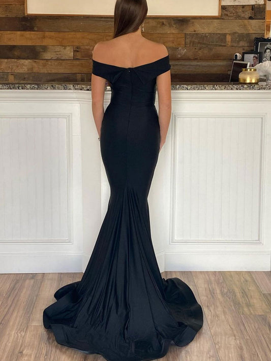 Simple black satin mermaid long prom dress, black evening dress