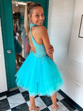 Blue high neck tulle lace short prom dress blue homecoming dress