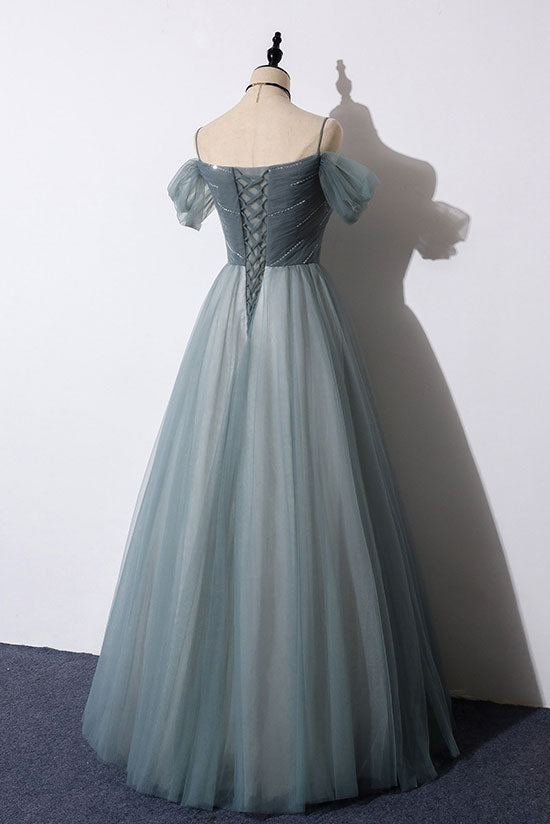 Gray blue sweetheart tulle formal dress blue evening dress