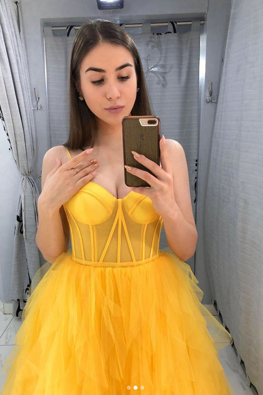 Yellow sweetheart tulle long prom dress yellow formal dress