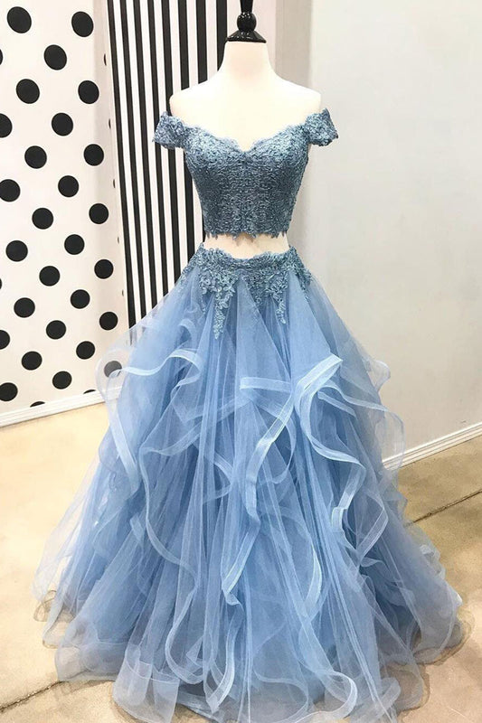 Blue lace tulle two pieces long prom dress, blue evening dress