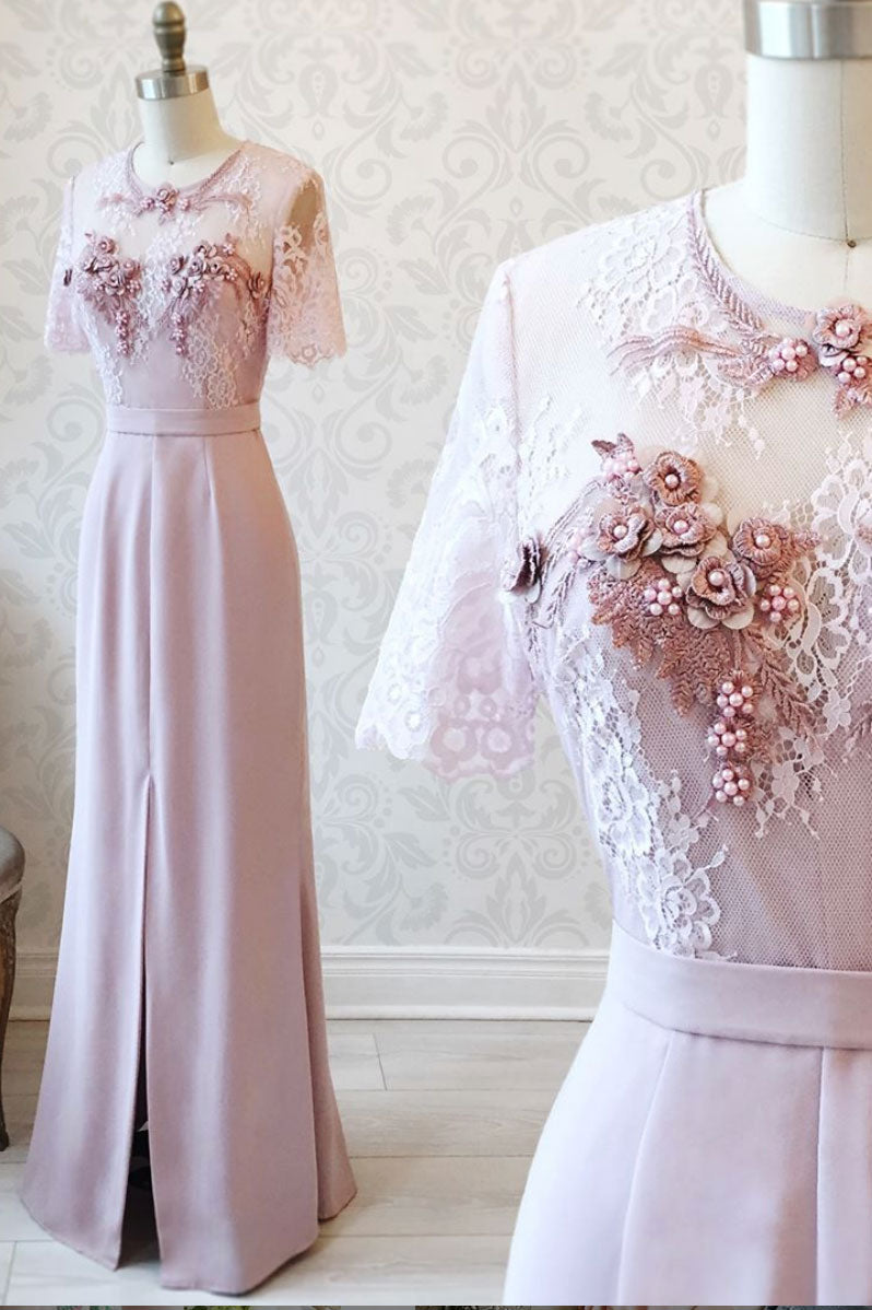 Unique round neck tulle lace long prom dress, evening dress
