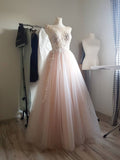 Light pink tulle lace long prom dress, pink tulle formal dress