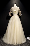 Champagne tulle lace long prom dress. champagne evening dress