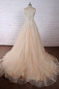 Champagne round neck lace applique tulle long prom dress, tulle wedding dress