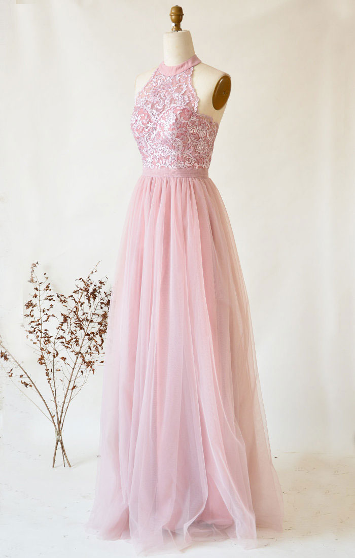 Pink tulle lace long prom dress, pink tulle lace evening dress
