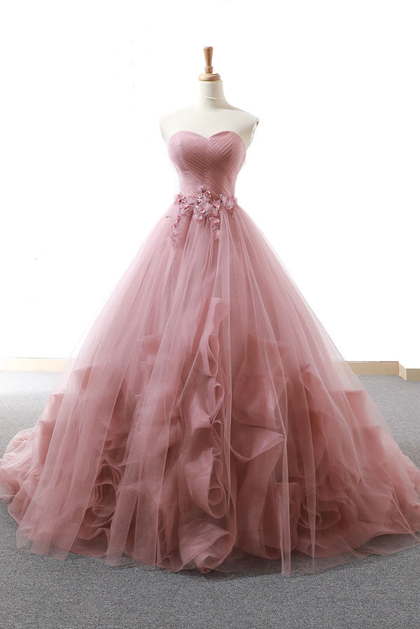 Pink sweetheart tulle long prom gown, tulle evening dress