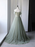 A-Line Tulle Green Long Prom Dress, Green Tulle Formal Dress with Sequin
