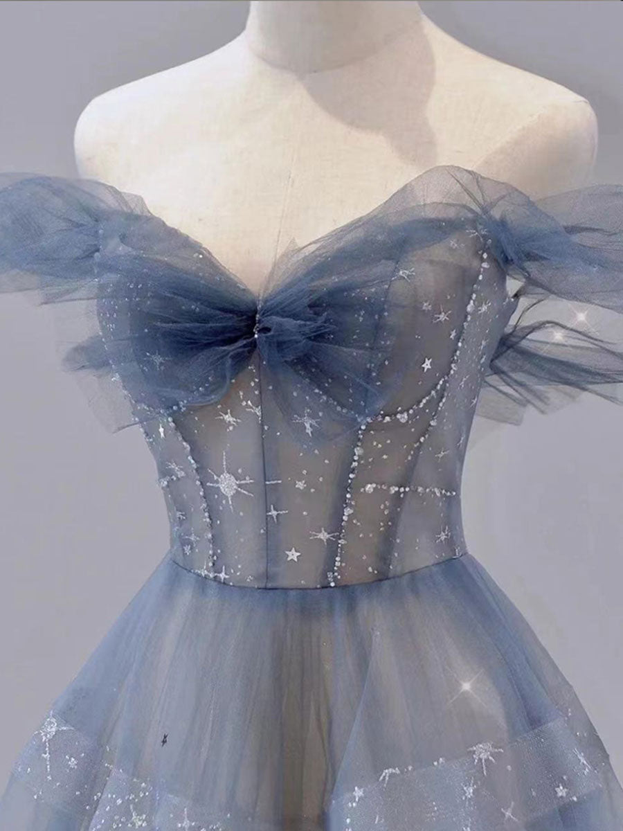 Blue tulle sequin long prom dress, blue tulle formal dress