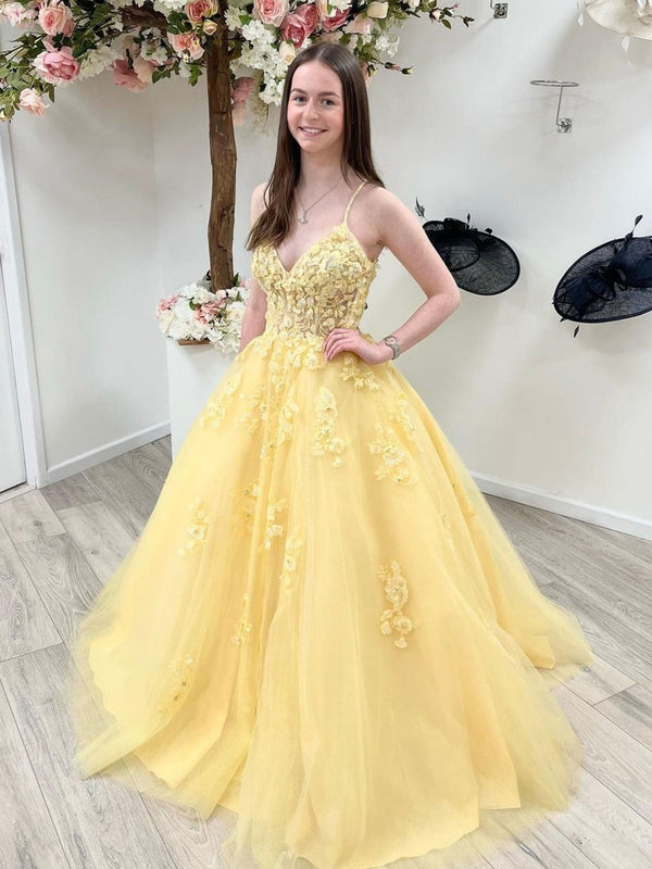 Yellow A line tulle lace long prom dress, yellow tulle lace evening dress