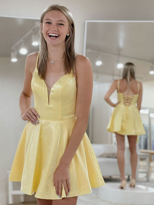 Simple yellow v neck short prom dress, yellow cocktail dress