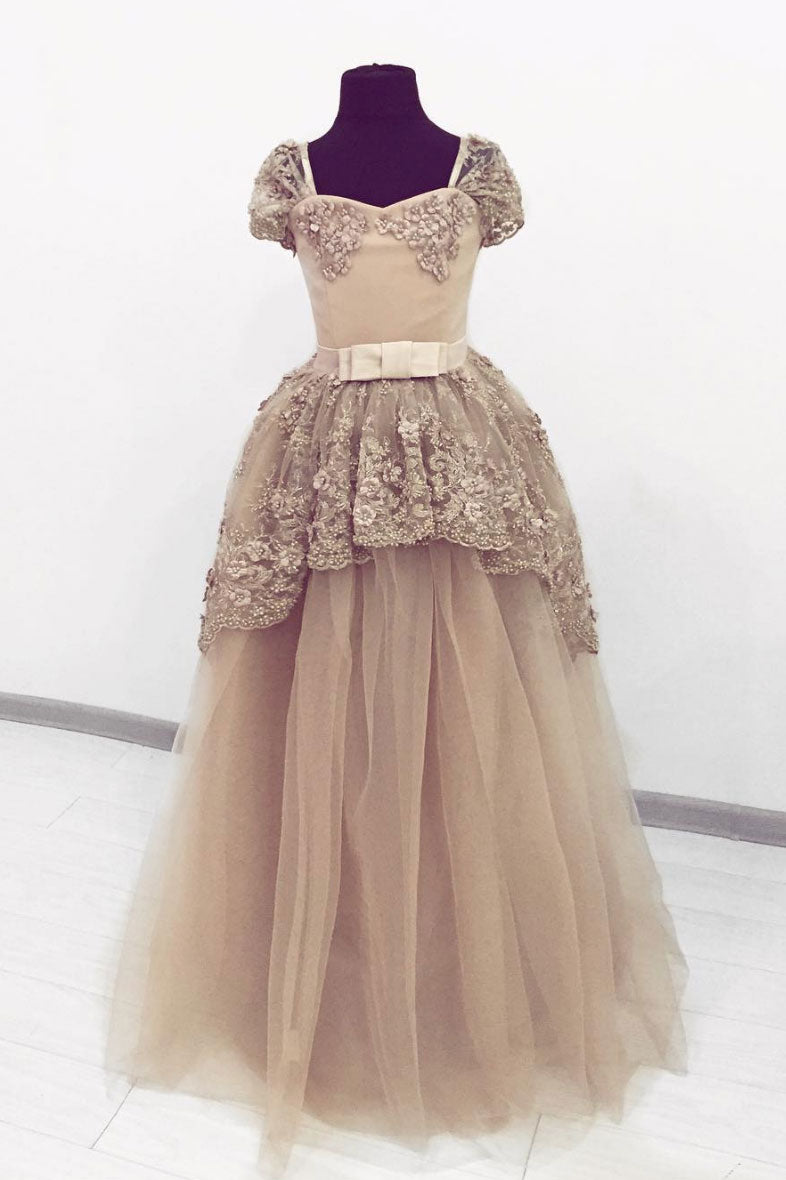 Champagne sweetheart tulle lace long prom dress, evening dress