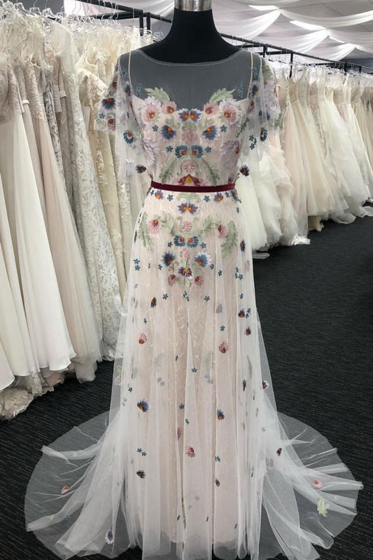 Unique tulle lace applique long prom dress tulle lace evening dress