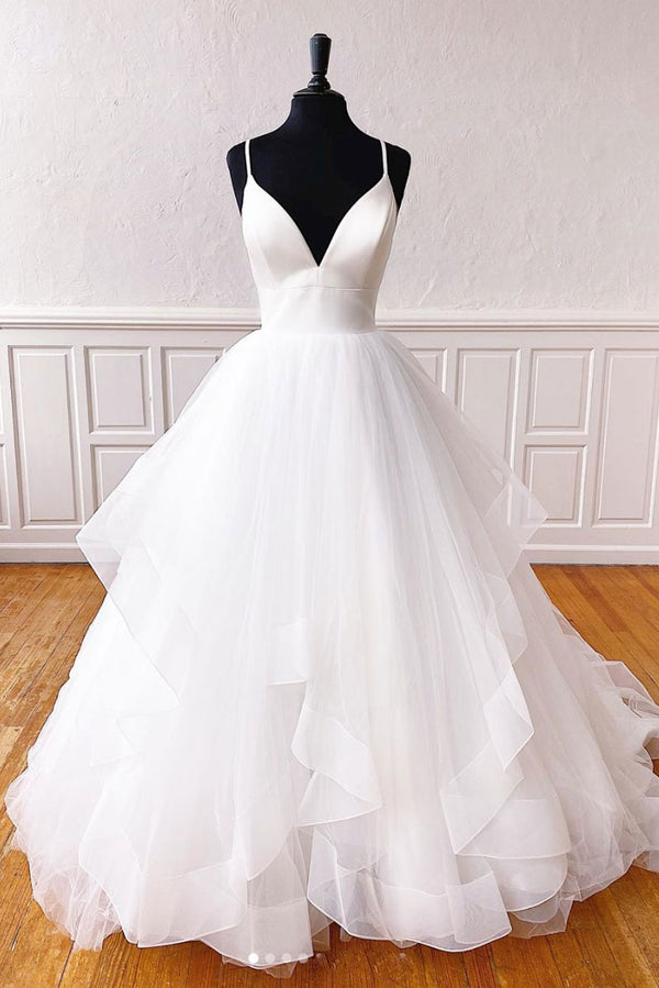 White v neck tulle long prom dress white formal dress