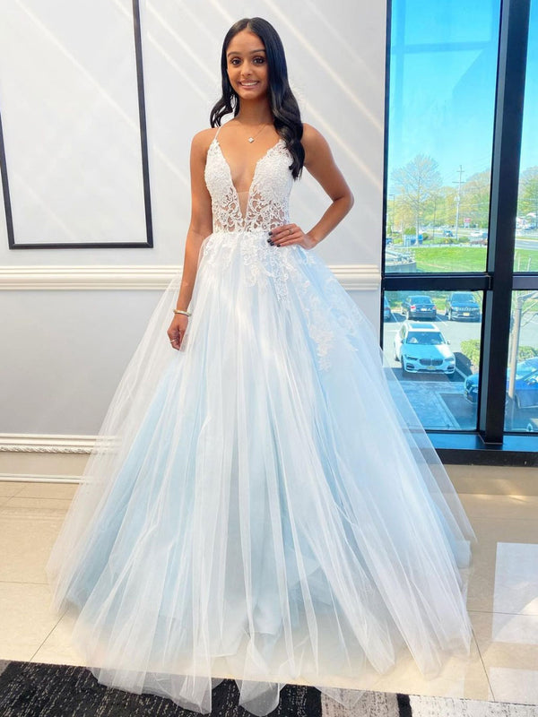 Light blue tulle lace long prom dress tulle formal dress