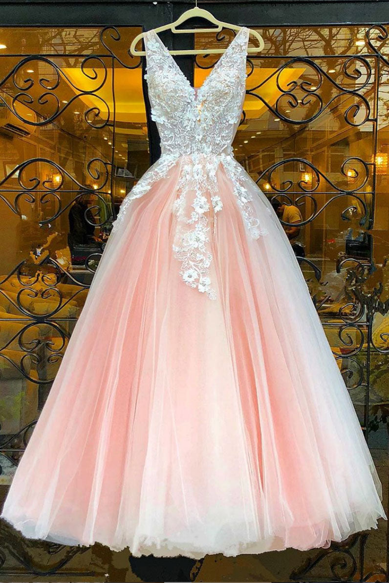 Pink v neck lace tulle long prom dress pink lace evening dress