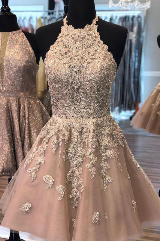 Champagne lace short prom dress, lace evening dress