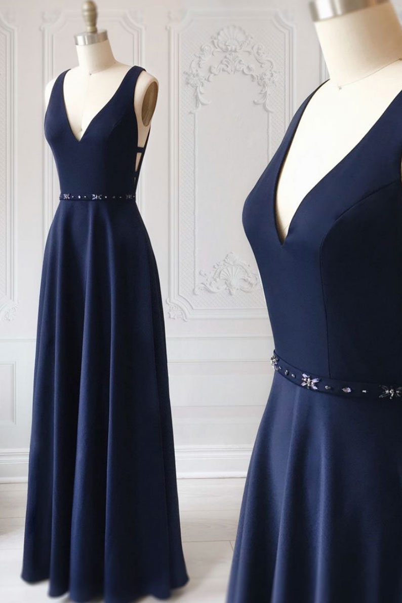 Simple blue v neck long prom dress, blue evening dress