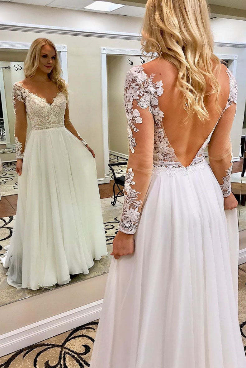 White v neck chiffon lace long prom dress white formal dress