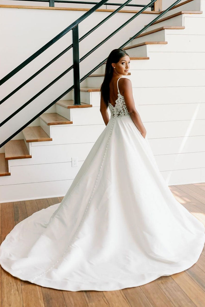 Simple white v neck satin long prom dress white lace long evening dres dresstby Simple white v neck satin long prom dress white lace long evening dres dresstby
