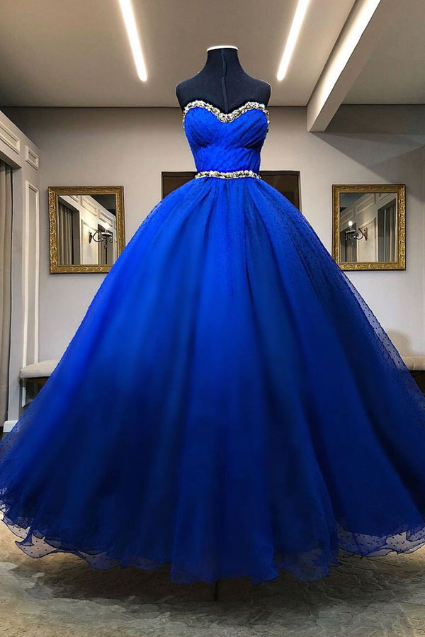 Blue sweetheart tulle long prom dress blue tulle formal dress
