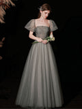 A Line Gray Long Prom Dress, Gray Tulle Sequin Graduation Dresses