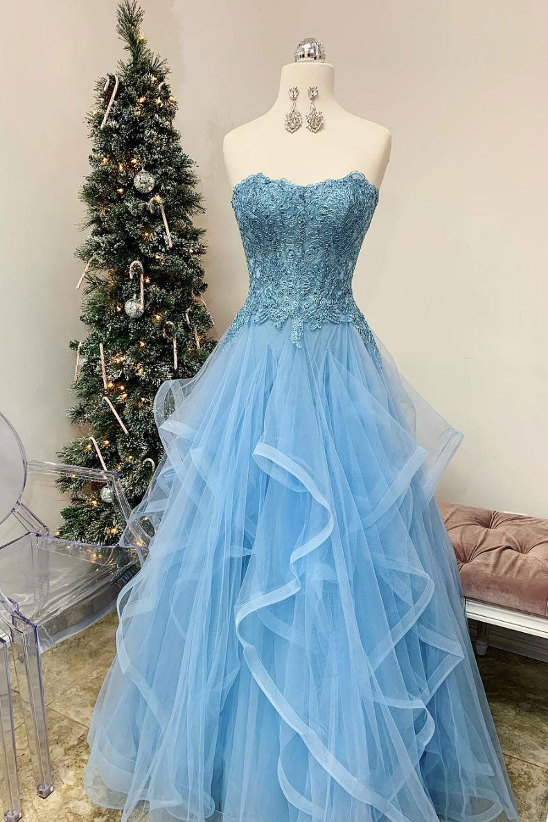 Blue sweetheart tulle lace long prom dress blue tulle formal dress