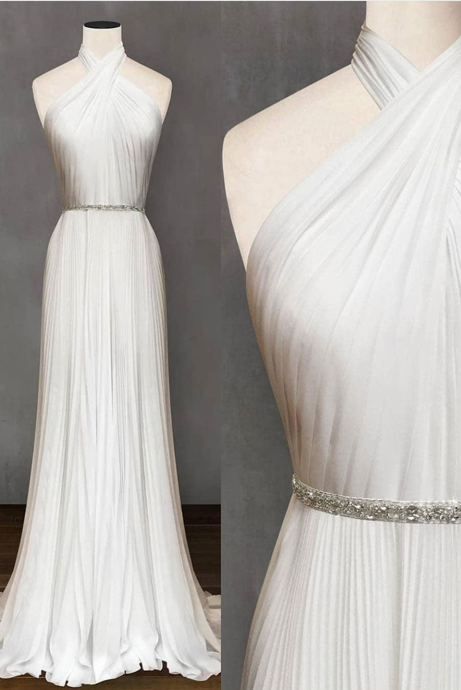 Simple gray white chiffon long prom dress, long evening dress