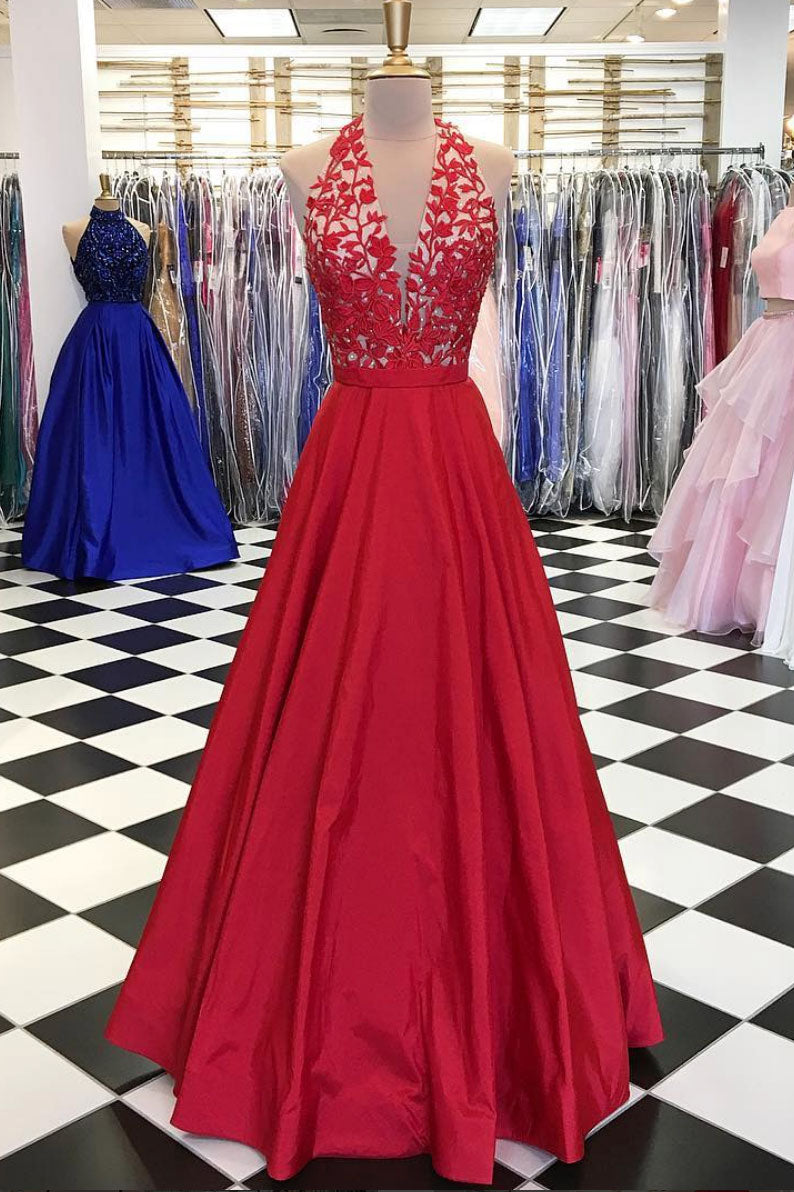 Red v neck lace applique long prom dress, red evening dress
