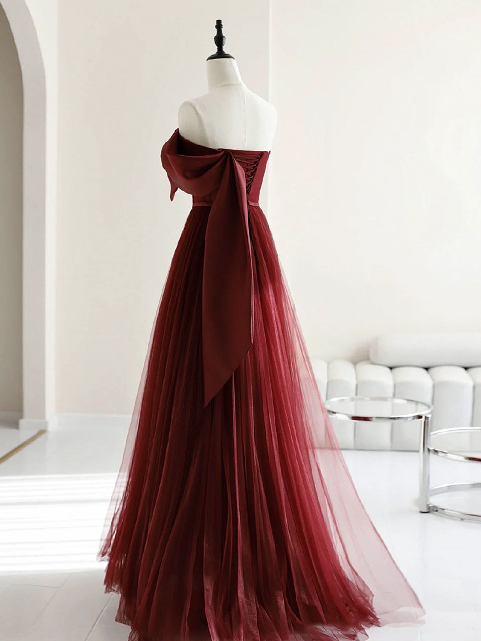 A-Line Tulle Burgundy Long Prom Dresses, Burgundy Formal Evening Dresses
