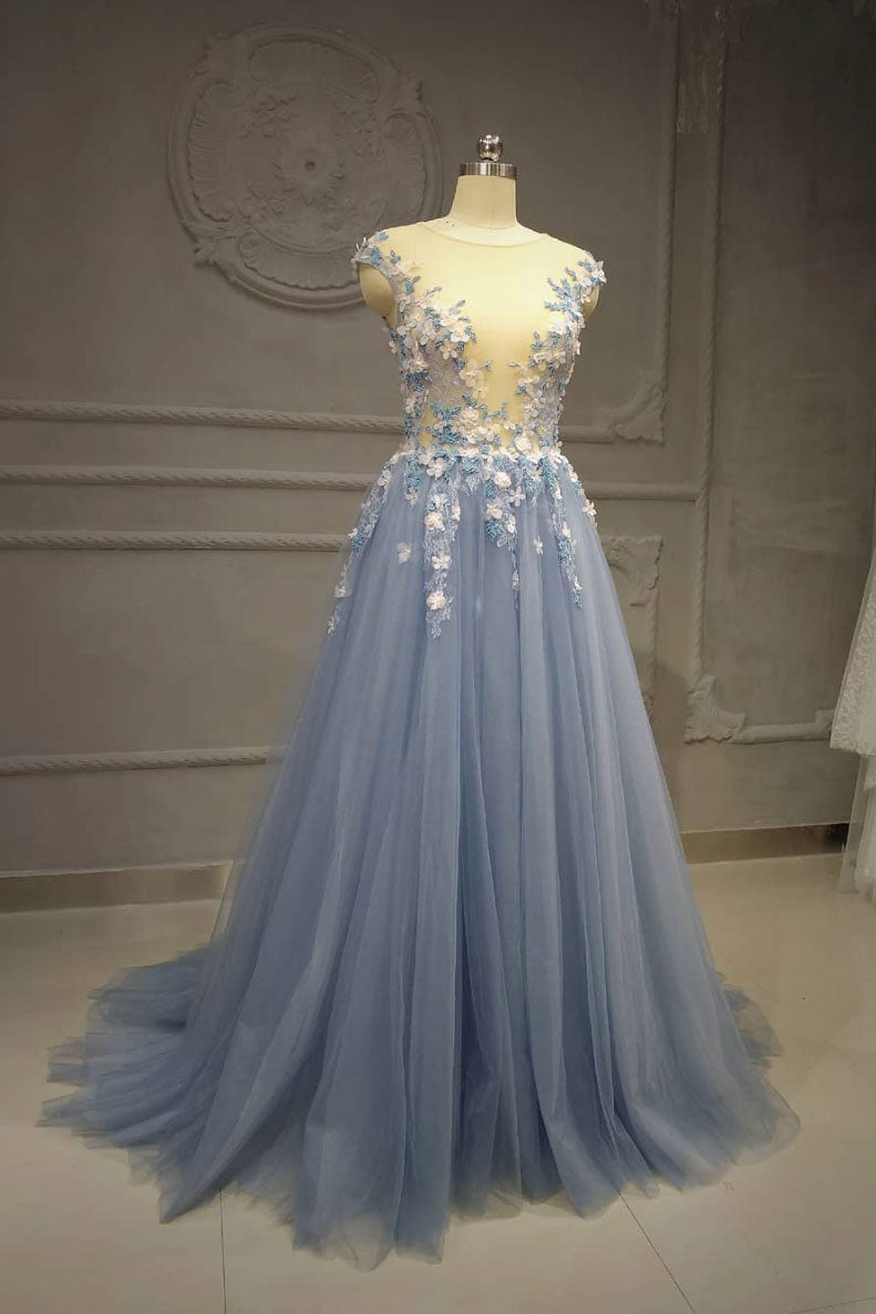 Blue round neck tulle lace long prom dress, blue evening dress