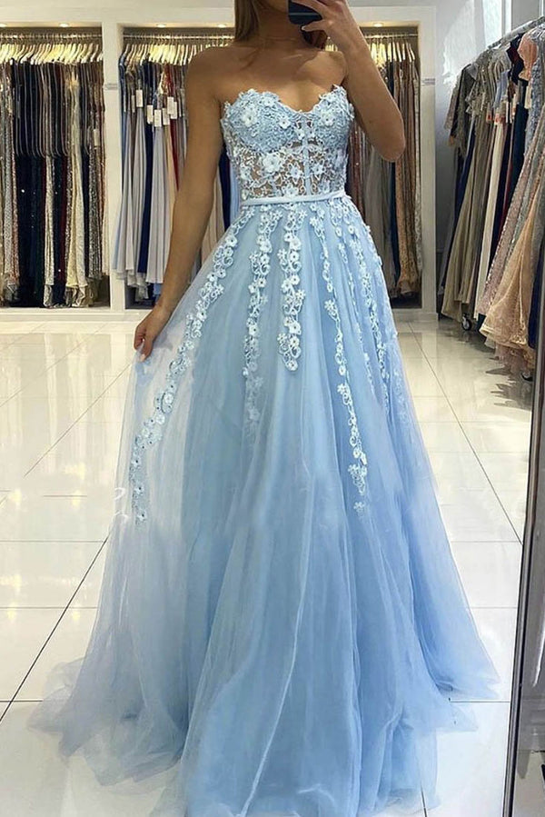 Blue tulle lace long prom dress blue tulle lace formal dress
