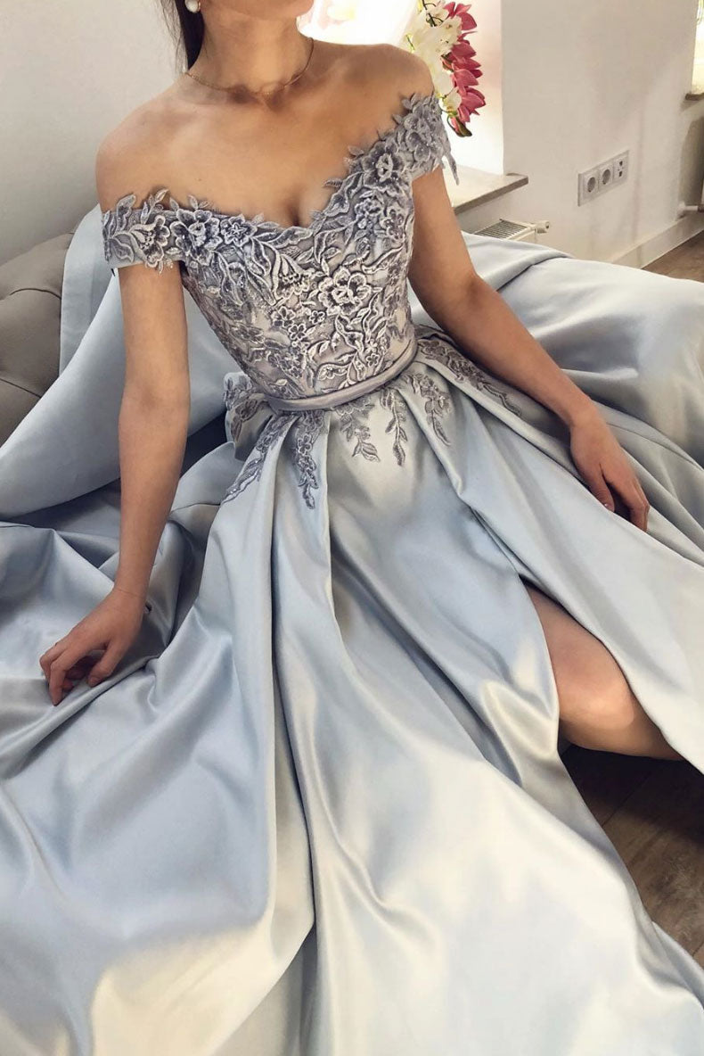 Gray satin lace long prom dress lace bridesmaid dress – dresstby