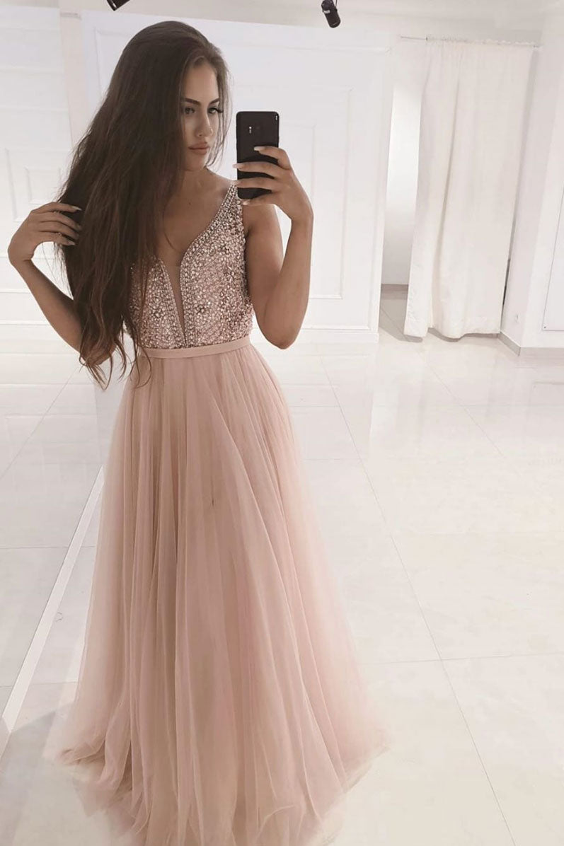 Pink v neck beads long prom dress pink tulle evening dress