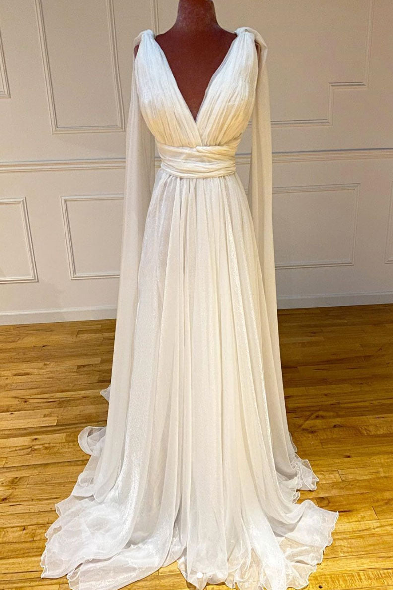 White v neck chiffon long prom dress white formal dress – dresstby