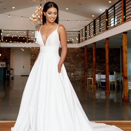 Simple white v neck satin long prom dress white lace long evening dres –  dresstby