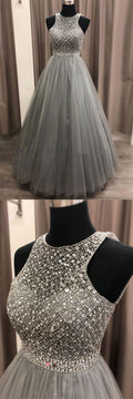 Gray round neck tulle sequin long prom dress, gray evening dress