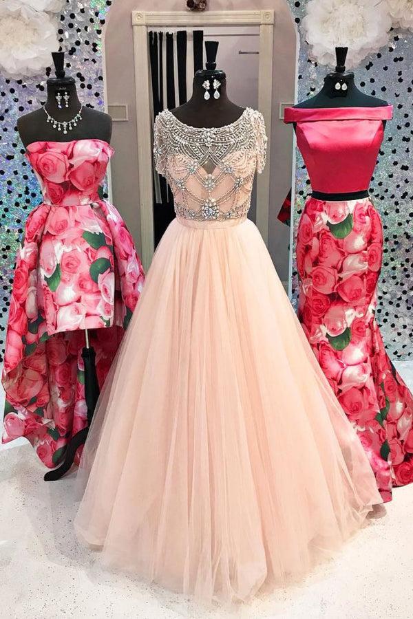 Pink round neck beads tulle long prom dress, pink evening dress