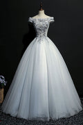 Gray tulle lace off shoulder long prom dress, gray evening dress