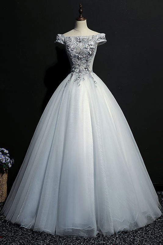 Gray tulle lace off shoulder long prom dress, gray evening dress