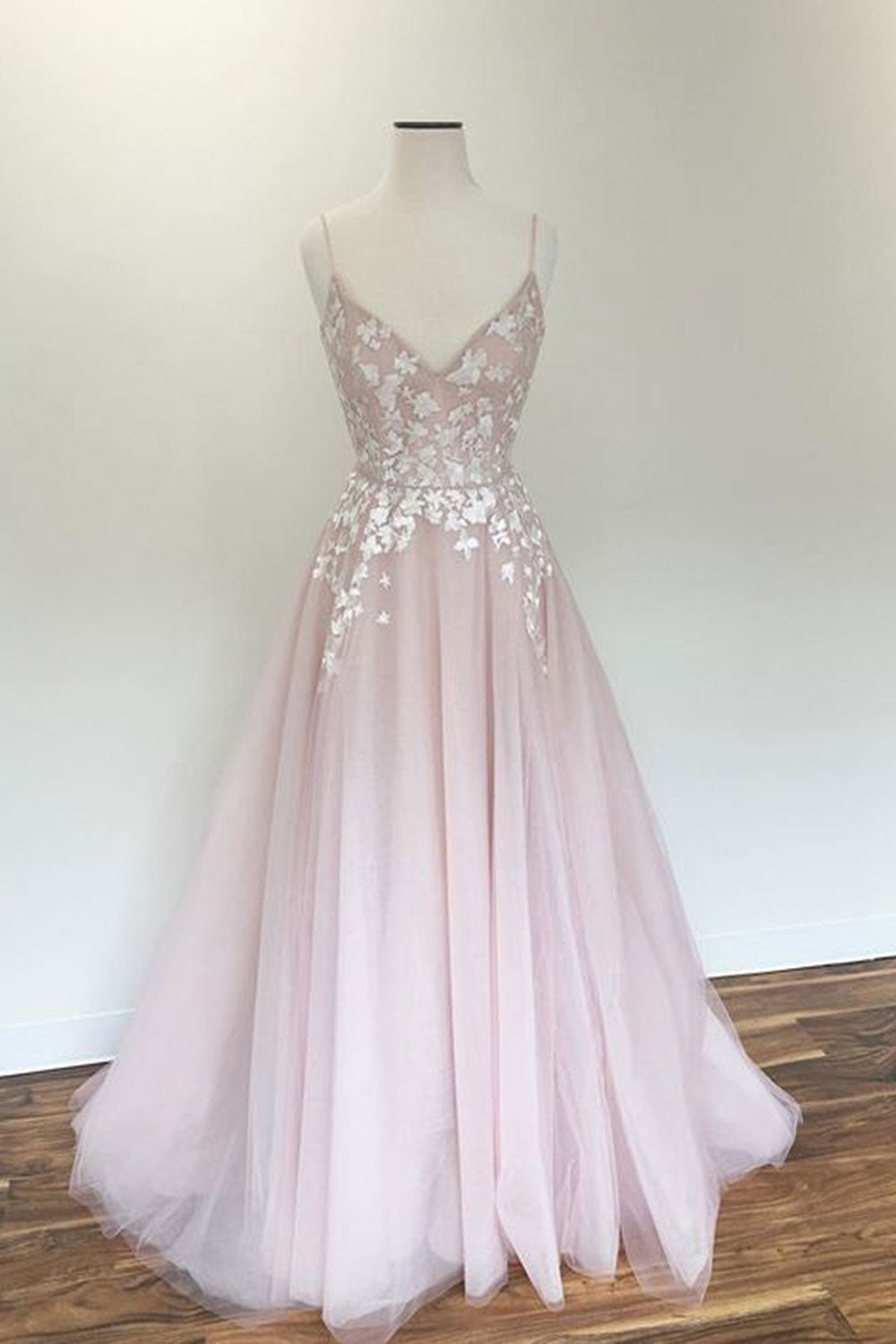Light pink v neck tulle applique long prom dress, pink evening dress
