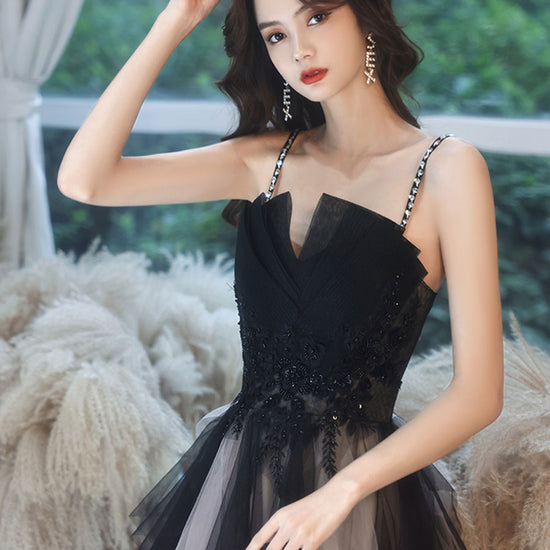 Black Aline tulle long prom dress, black lace formal evening dress –  dresstby